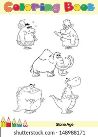 Coloring Book Page Stone Age Cartoon Characters