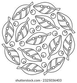 Coloring book page. Stylized leaves and water drops. Vector illustration