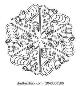 Coloring book page. Stylized sea mandala. Black and white hexagonal decorative design element. Vector illustration.