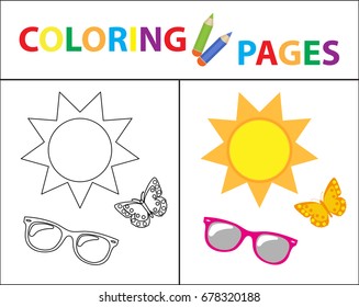 Coloring book page. Summer set, glasses, sun, butterfly. Sketch outline and color version. Coloring for kids. Childrens education. Vector illustration