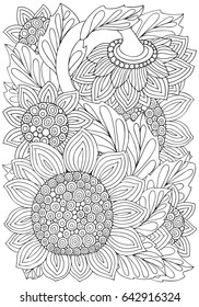 Coloring book page with Sunflowers and leaf in zentangle style. A4 size. Black and white vector illustration. Doodle, hand drawn, zen art, anti stress.