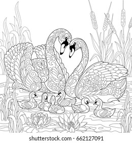 Coloring book page of swan birds family, lotus flowers and reed grass. Freehand sketch drawing for adult antistress colouring with doodle and zentangle elements.