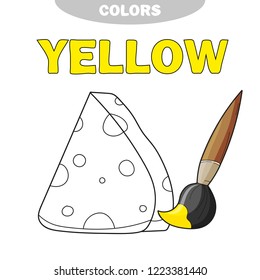 coloring book page template with cheese, color samples. vector illustration - learn yellow color - coloring book