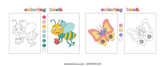 Coloring book page template for kids. Decorate butterfly. Funny pictures of animals waiting for coloring. Decorate bee. Coloring book with flower samples for youngest. Children Education. Vector	