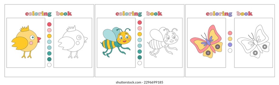 Coloring book page template for kids. Cute hand drawn characters for coloring. Funny yellow chicken, butterfly, bee. Coloring book with flower samples for youngest Children. Vector illustration