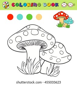 coloring book page template with mushrooms in grass, color samples. vector illustration