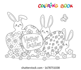 Coloring book or page with three eggs and funny rabbits on meadow. Happy easter coloring illustration.