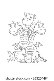 Coloring book page - three-headed dragon guessing on daisy