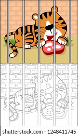 Coloring book or page of tiger cartoon with meat inside the cage