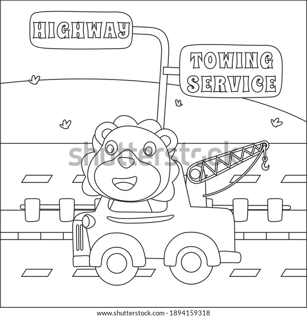 coloring book or\
page of tow truck cartoon with funny driver, Cartoon isolated\
vector illustration, Creative vector Childish design for kids\
activity colouring book or\
page.