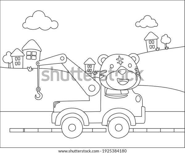coloring book or\
page of tow truck cartoon with funny driver, Cartoon isolated\
vector illustration, Creative vector Childish design for kids\
activity colouring book or\
page.