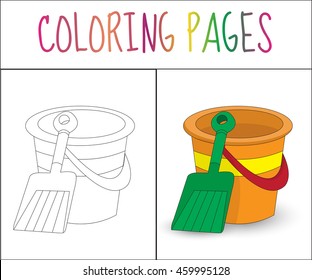 Coloring book page. Toy bucket and shovel. Sketch and color version. Coloring for kids. Vector illustration.