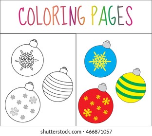 Coloring book page toys balls New Year. Sketch and color version. 