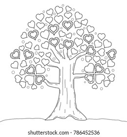 Coloring book page of tree heart. Valentine's day. Vector illustration. Hand drawn. doodle style.