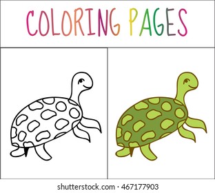 Coloring book page, turtle. Sketch and color version.