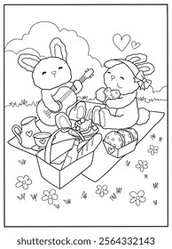 coloring book page, two cute bunnies enjoy a picnic playing guitar and eat cupcake