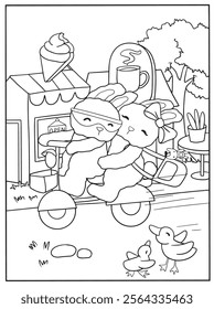 coloring book page two cute rabbits riding a scooter in front of an ice cream shop, with ducks and trees in the background.