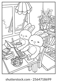 coloring book page, two cute rabbits working at a desk with a laptop and a cup, surrounded by books and plants