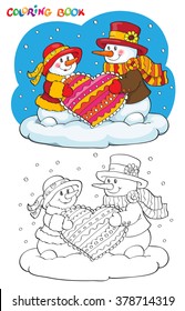 Coloring book or page. Two cute snowmen with heart.