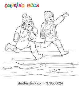 Coloring book or page. Two joyful boy running along the puddles of paper boats - vector illustration.