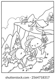 coloring book page, two rabbits hiking in a mountainous forest