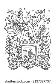 Coloring book page. Underwater kingdom with a palace, fish and plants. A little magic house. For adults and older children. Ocean flora and fauna. Hand-drawn vector illustration on a white background.