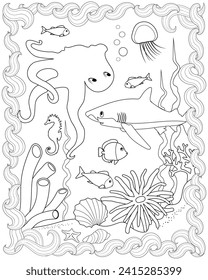 Coloring book page with underwater scene. Vector illustration.