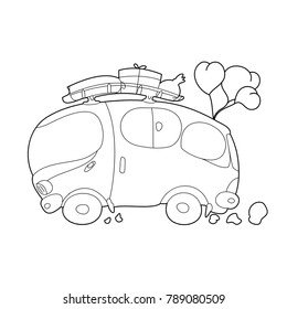 Coloring book page of van. Valentine's day. Vector illustration. Hand drawn. doodle style.