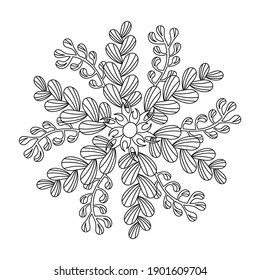 Coloring book page. Vector botanical composition with a bouquet of leaves and plants . Black and white Mandala . Simple hand-drawn elements for your design . Doodle style.