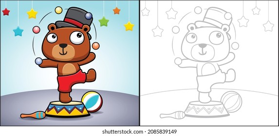 Coloring book or page. Vector cartoon of cute bear juggling balls at circus show