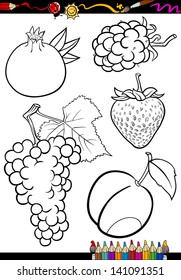 Coloring Book or Page Vector Illustration of Black and White Fruits Food Objects Set