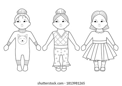 Coloring book page vector illustration of fashion girls. Сhild girls vector illustration - in the style of stay home