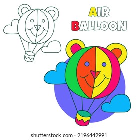 Coloring Book Page Vector Illustration Isolated On White Background. Air Balloon With Bear Face Cartoon Drawing For Coloring By Small Kids. Simple Clipart Graphic With Hot Air Balloon In The Sky