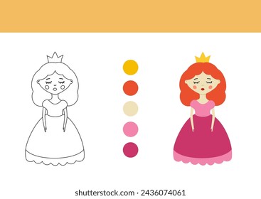 Coloring book page vector illustration. Color princess doll hand drawn flat clip art. Activity for small kids