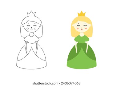 Coloring book page vector illustration. Color princess doll hand drawn flat clip art. Activity for small kids