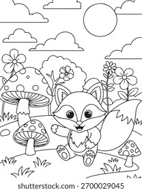 Coloring Book Page Vector Illustration for Kids. Cute Fox Character in Nature Background