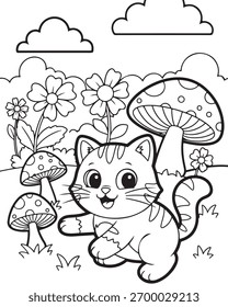 Ilustración vectorial de página de libro para colorear para niños. Personaje lindo del gato en fondo de la naturaleza