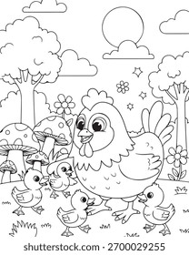 Ilustración vectorial de página de libro para colorear para niños. Carácter lindo del pollo en fondo de la naturaleza.