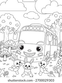 Coloring Book Page Vector Illustration for Kids. Cute Bus Character in Nature Background
