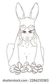 Farbige Buchseite. Vektorgrafik-Dodle-Illustration. Handgezeichnete junge schöne Frau in Kaninchen Karneval Maske. Geschmückte Hühnereier. Osterhasen-Ohren. Fröhlicher Urlaub. Herzmuster, Punkt, Streifen