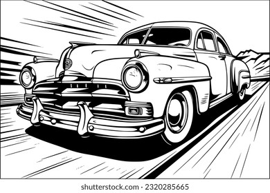 Coloring Book Page: Vintage Car Sketch in Black and White.Vintage car coloring page for adult and child.