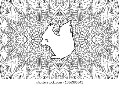 Coloring book page with white squirrel silhouette on beautiful linear pattern