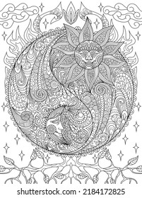 Coloring Book Page With Yin Yang Symbols With Sun On One Side And Moon On Other. Sheet To Be Colored With Sign Presenting Day And Night With Leaves In Background.