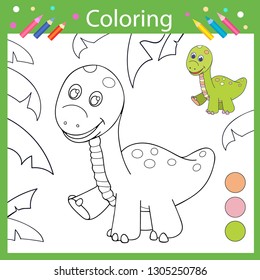 Coloring book pages. Activity colouring for kids. Drawing tutorial with cute dinosaur apatosars. Children funny education riddle. Kids art game. Vector illustration.