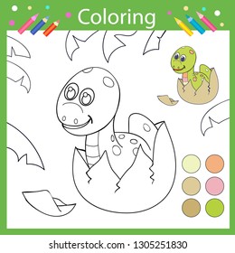Coloring book pages. Activity colouring for kids. Drawing tutorial with cute baby dinosaur apatosaurs. Children funny education riddle. Kids art game. Vector illustration.