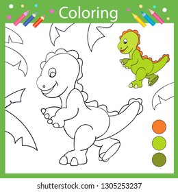 Coloring book pages. Activity colouring for kids. Drawing tutorial with cute dinosaur Tyrannosaurus. Children funny education riddle. Kids art game. Vector illustration.