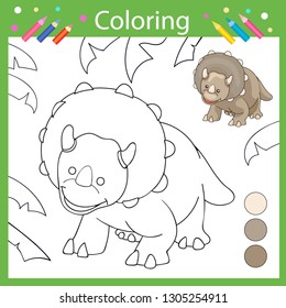 Coloring book pages. Activity colouring for kids. Drawing tutorial with cute dinosaur Triceratops. Children funny education riddle. Kids art game. Vector illustration.