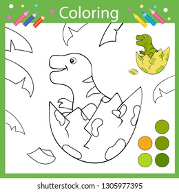 Coloring book pages. Activity colouring for kids. Drawing tutorial with cute cartoon baby dinosaur Tyrannosaurus. Children funny education riddle. Kids art game. Vector illustration.