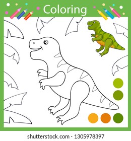 Coloring book pages. Activity colouring for kids. Drawing tutorial with cute cartoon dinosaur Tyrannosaurus. Children funny education riddle. Kids art game. Vector illustration.