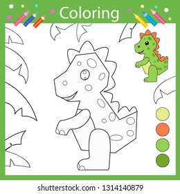 Coloring book pages. Activity colouring for kids. Drawing tutorial with cute cartoon dinosaur tyrannosaurus. Children funny education riddle. Kids art game. Vector illustration.